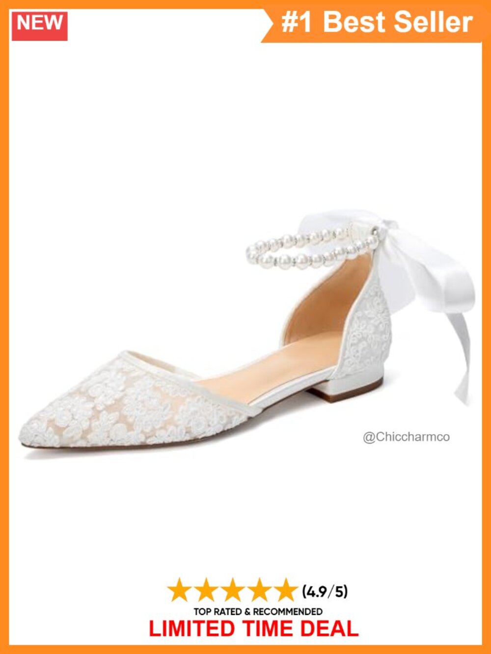 Pointed Toe Lace Wedding Flats with Pearl Ankle Strap